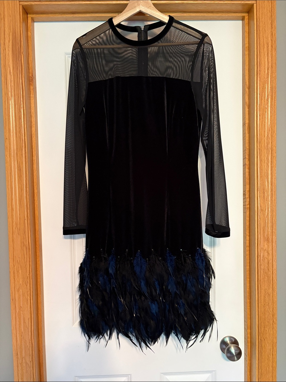 Black Velvet Mesh Feather Hem Cocktail Dress